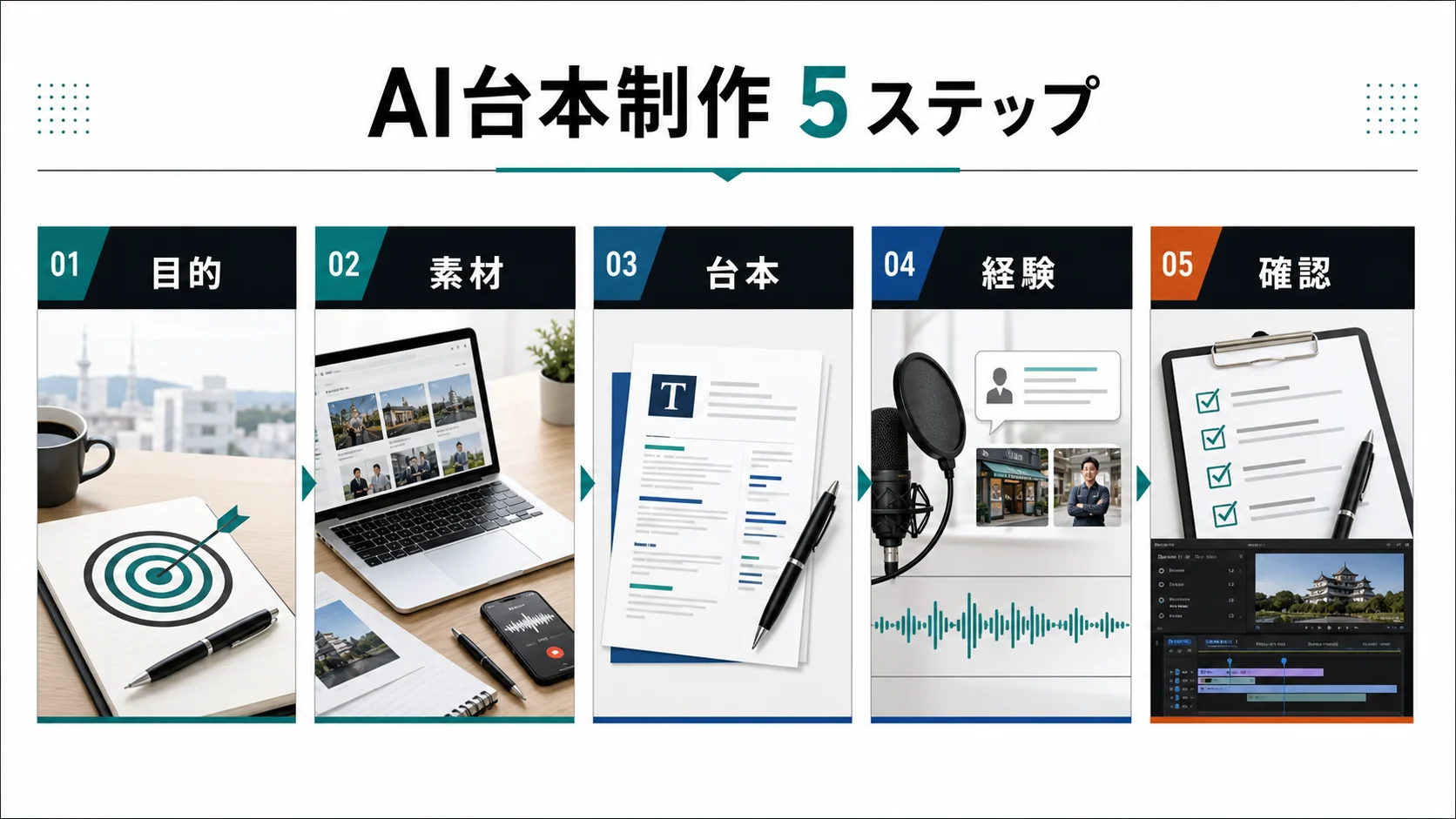 AI台本制作の5ステップを示すインフォグラフィック
